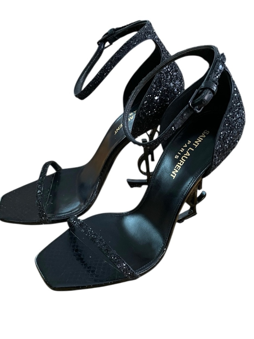 Saint Laurent Women’s Nero Glitter Black Lacquer Opyum 110 Open Toe Heel Size 38 - Picture 3 of 12